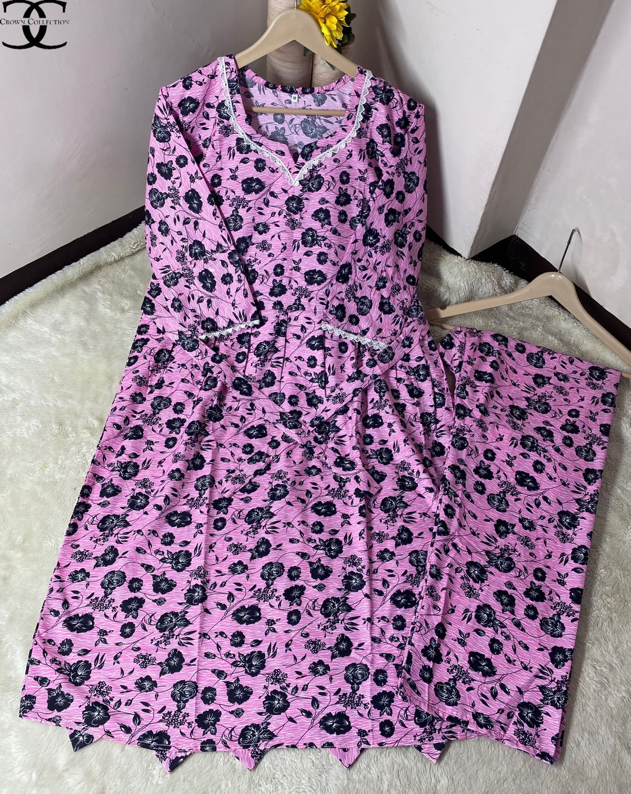 Maroon Floral Malai Cotton Frock with Trouser – 2-Piece Set